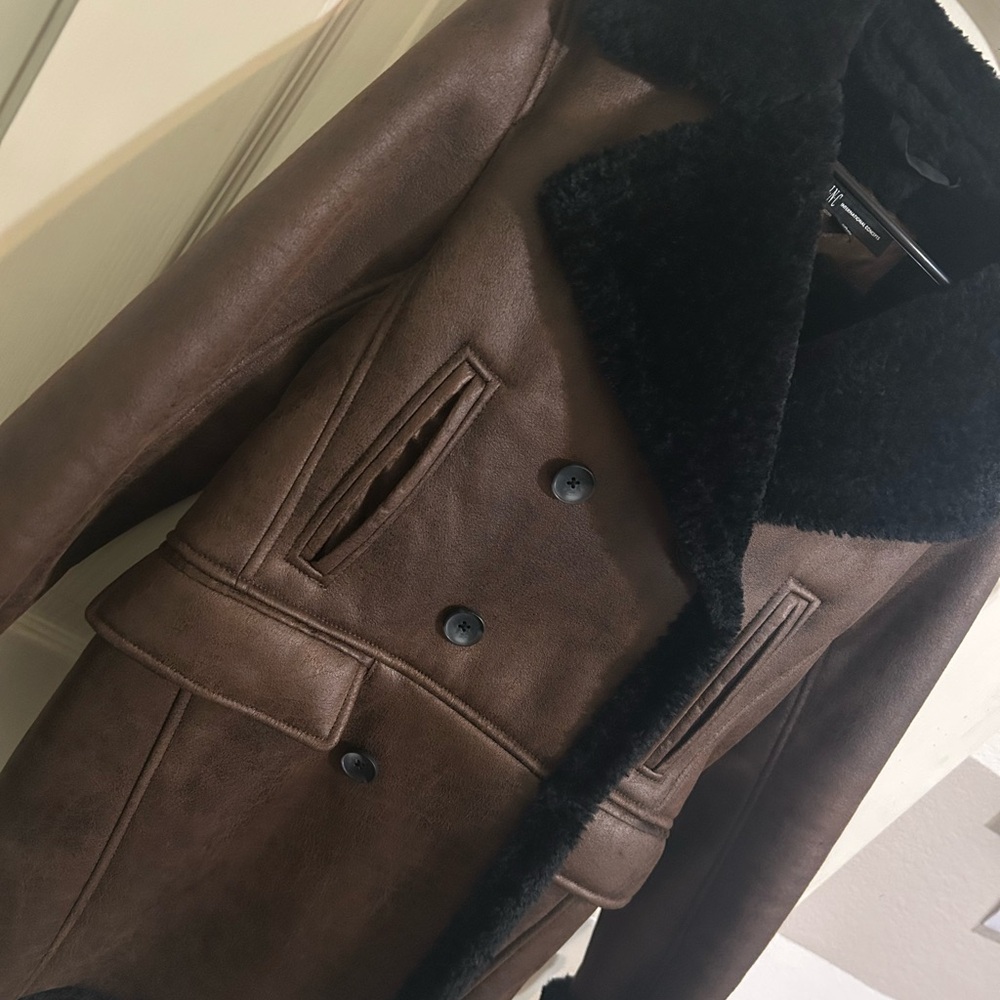 INC International Concepts Brown Pea Coat with Black Accents